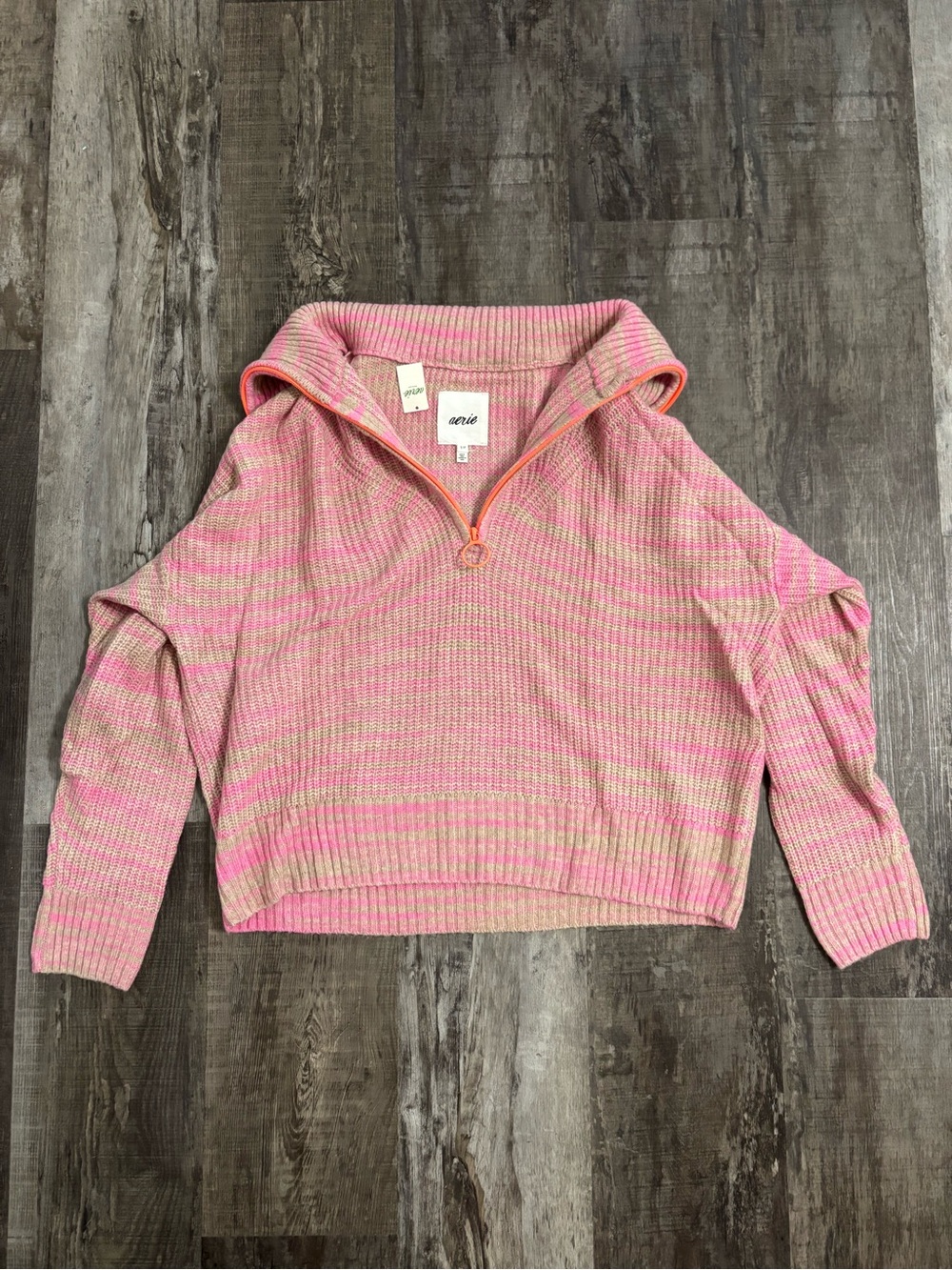 aerie Pink & Cream Half-Zip Cowl Neck Sweater